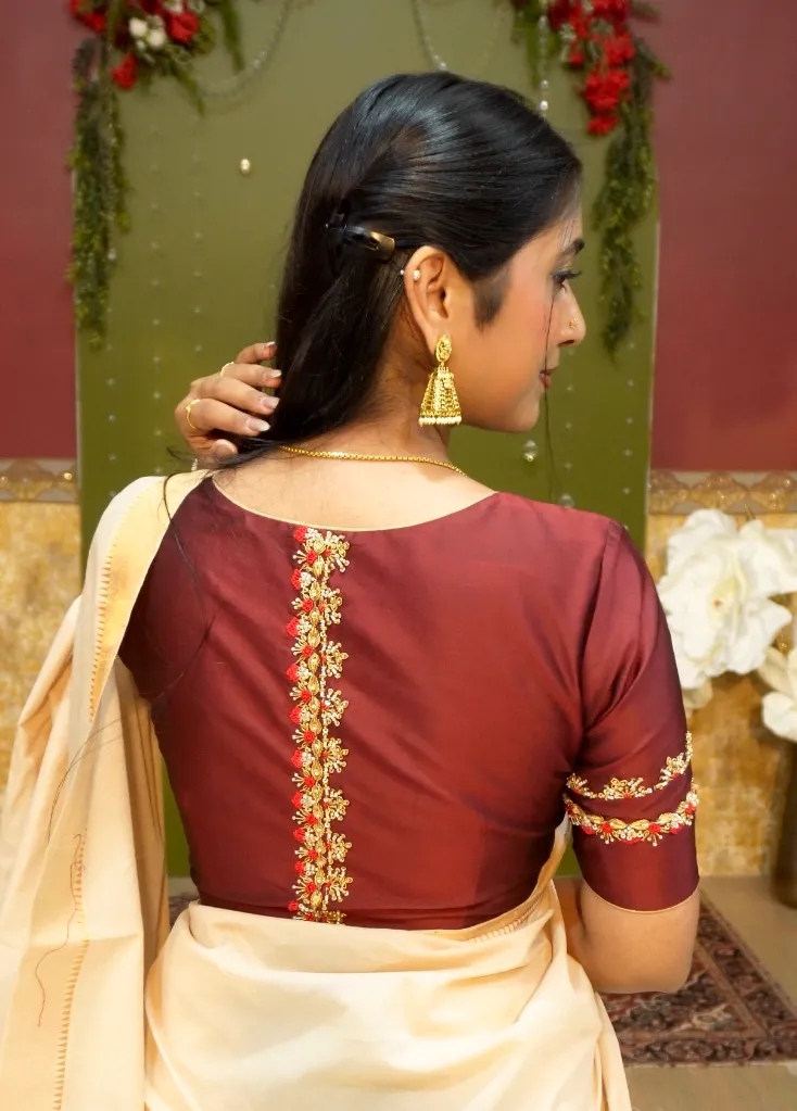 [ME-b1] Maroon Embroidery Blouse (Pre book) (S- M 34-36)